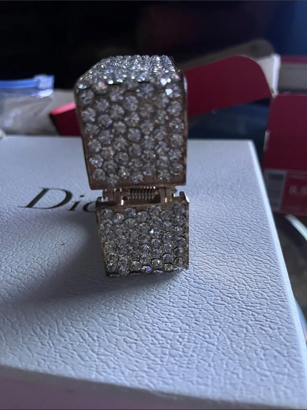 Gold-Tone Paved Crystal Square Statement Block Bracelet/Bangle- Clear Crystal